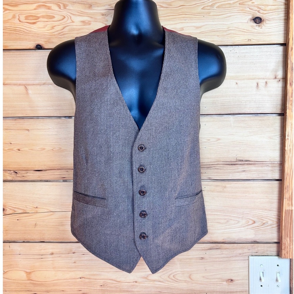 Mens Brown Herringbone‎ Wool Blend Waistcoat Vest 5-Button Front Size Large 21"
